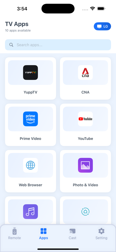 Interfaz de la aplicación Smart View mostrando aplicaciones de TV disponibles como YouTube y Prime Video para transmitir.