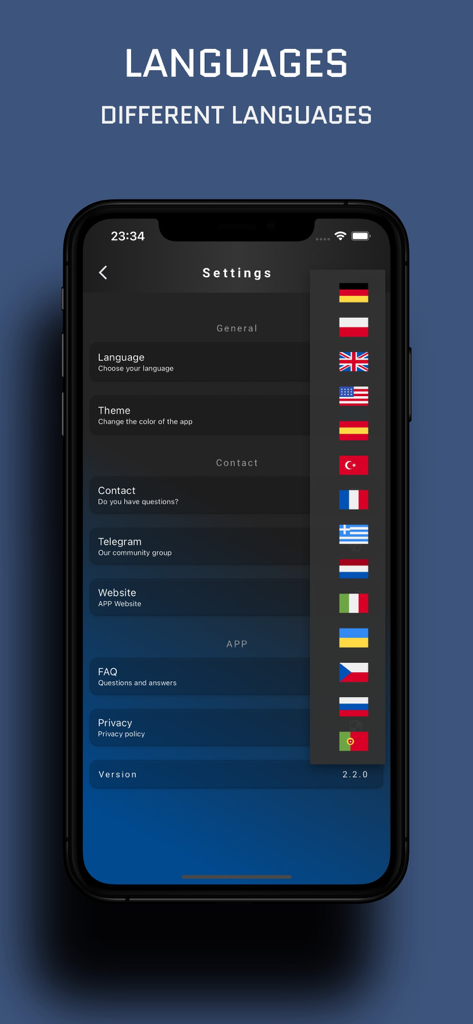 Insect Food Scanner - Einstellungsbildschirm der Insekten-Lebensmittelscanner-App, der eine Liste verschiedener Sprachoptionen zeigt, die durch nationale Flaggen dargestellt werden.