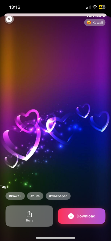 Cute Girly Wallpaper 4k - A digital wallpaper featuring glowing neon hearts in pink and blue on a colorful gradient background with kawaii tags.