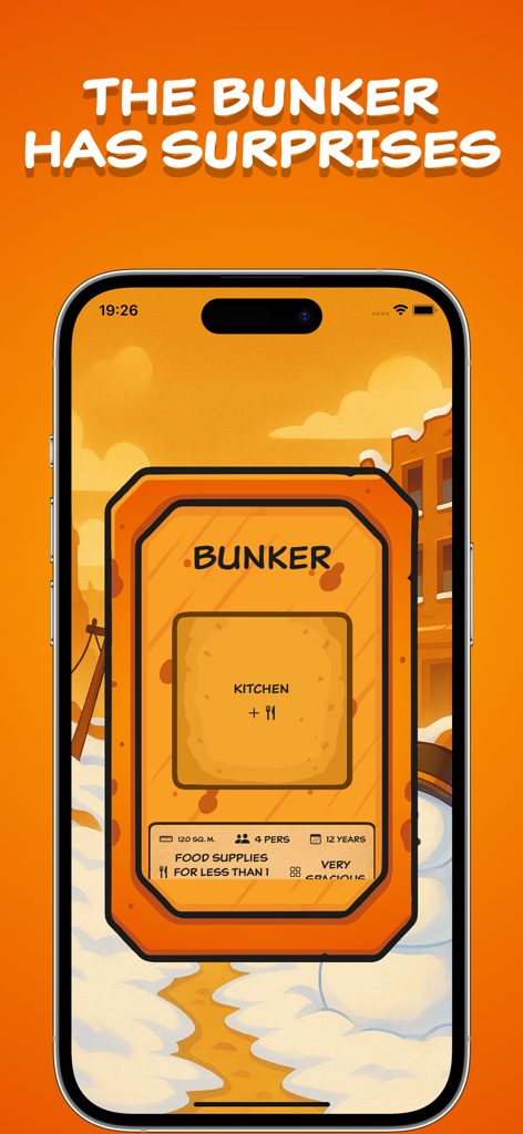A screenshot of the Bunker Board mobile app showing a bunker details card with survival statistics like size and food supplies