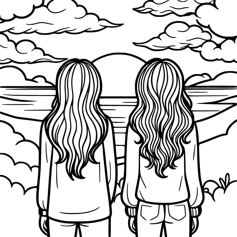 two girls facing backwards staring at the sunset