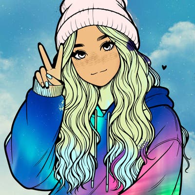 a teenage girl in a beanie, oversized sweatshirt, wavy long hair, and is showing a ✌️