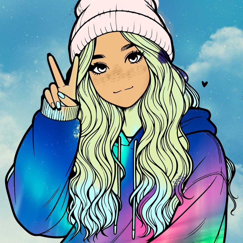 a teenage girl in a beanie, oversized sweatshirt, wavy long hair, and is showing a ✌️