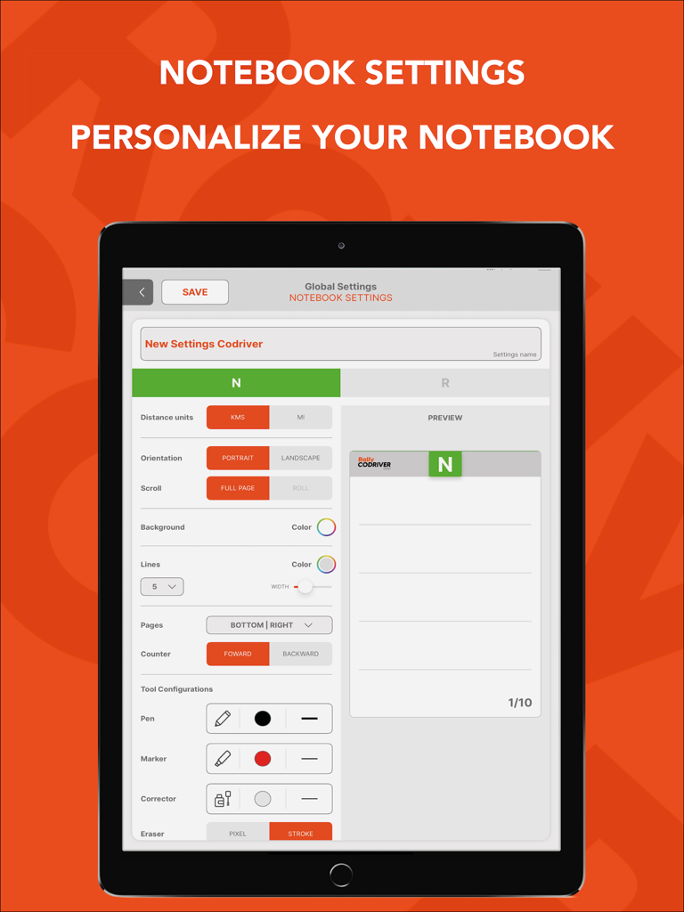 Rally Codriver - Interfaccia per la personalizzazione delle note di navigazione digitali nell'app Rally Codriver
