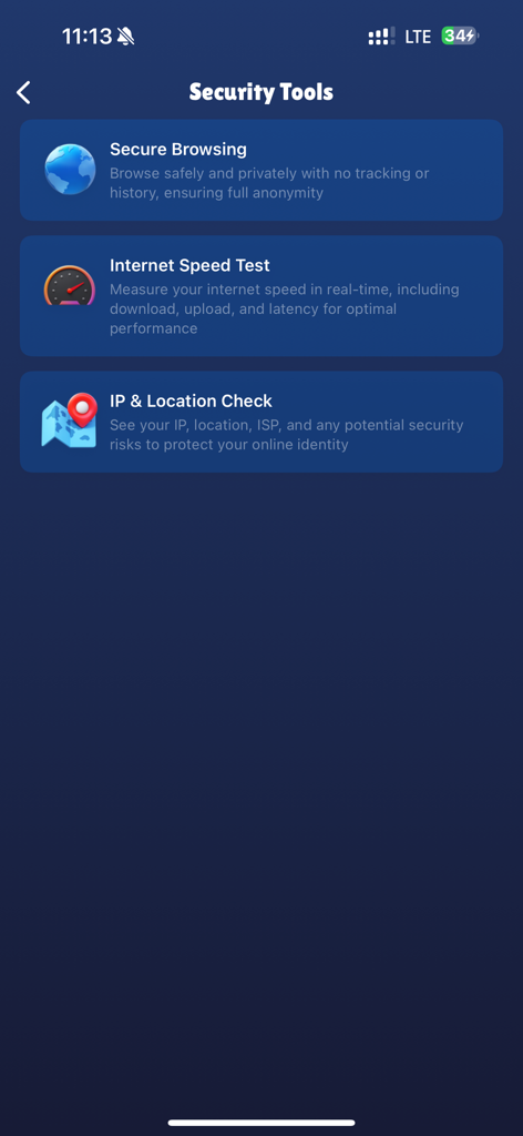 Interfaz de la aplicación VPN France que muestra herramientas de seguridad que incluyen navegación segura, prueba de velocidad de internet y verificación de IP y ubicación.