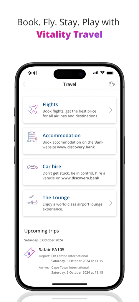 Discovery Bank app interface showing Vitality Travel options for flights accommodation and lounge access