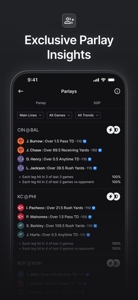 Linemateアプリ。データに基づいたプレイヤープロップの推奨事項を含む、限定的なパーレイインサイトが表示されます。