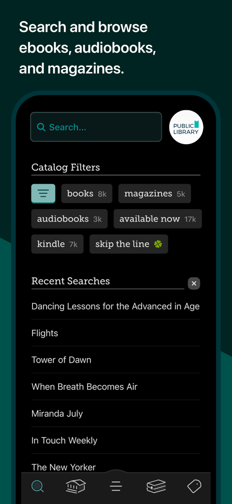 Screenshot of the Libby app search interface showing catalog filters for books audiobooks and magazines with a list of recent searches