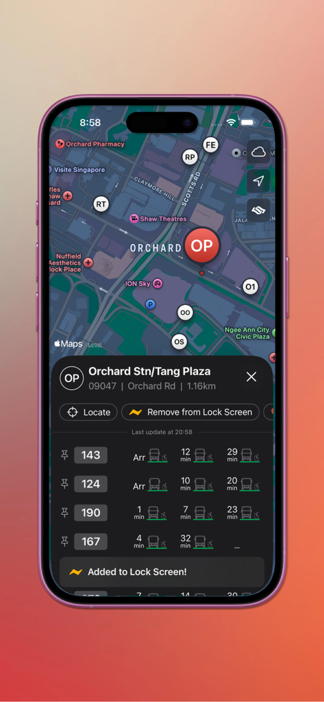 Arriving: SG Bus Timing - Arriving SG Bus Timing app showing arrival times for Orchard Station on a map