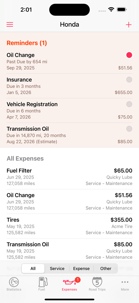 Road Trip MPG - A list of vehicle maintenance reminders and past service expenses in the Road Trip MPG app.