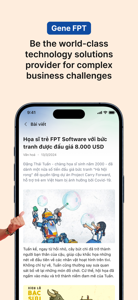 Un'interfaccia di articolo di notizie nell'app myFPT Next con una storia di successo di un dipendente di FPT Software.