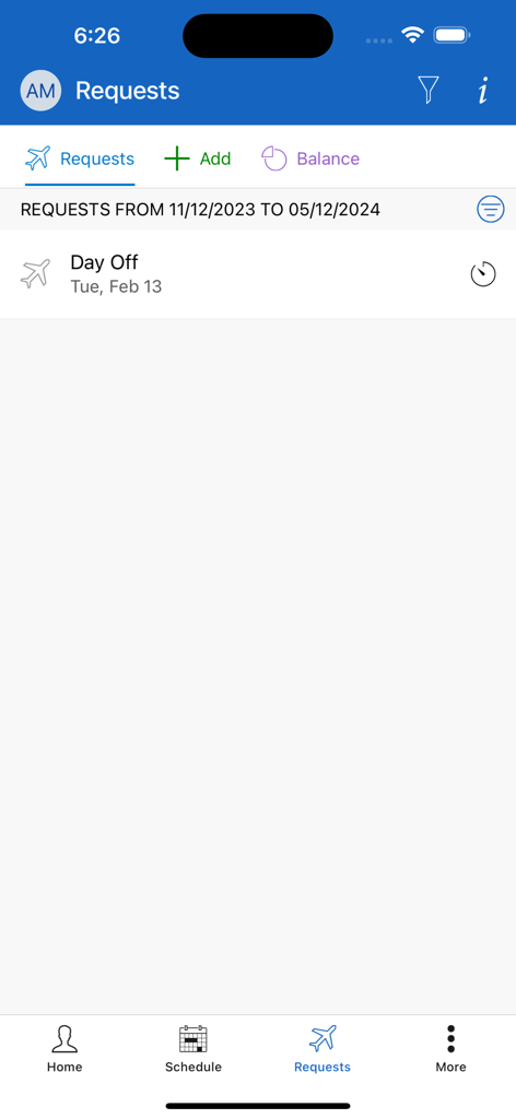 ESS 45 Zebra - ESS 45 Zebra mobile app Requests screen showing a day off entry