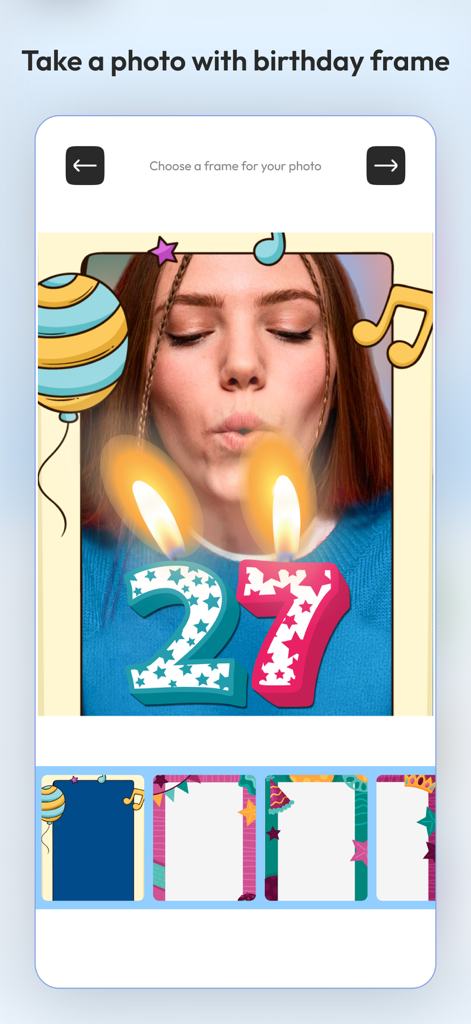 A young woman blowing out virtual candles inside a decorative birthday photo frame