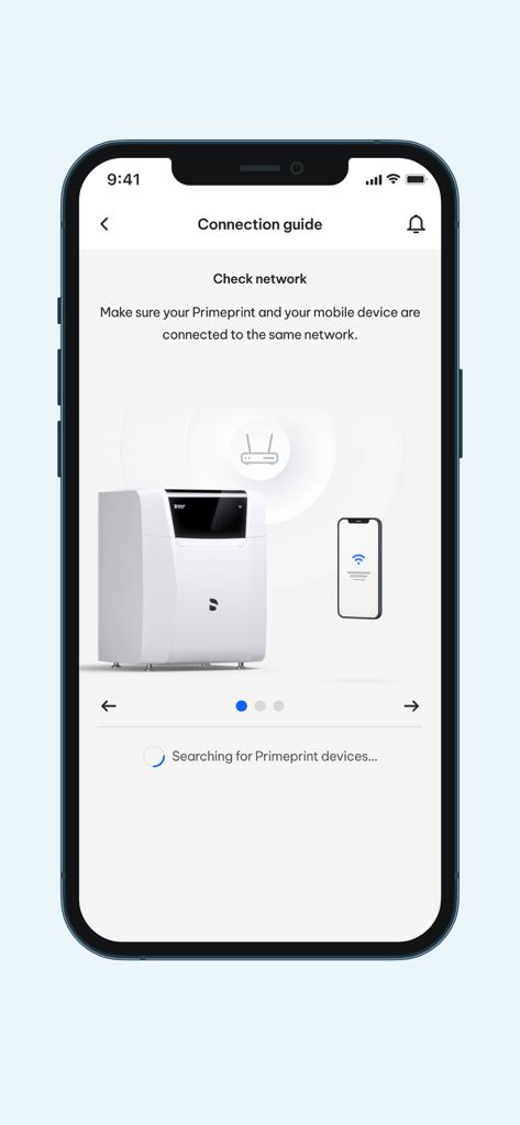 DS Core Link - DS Core Link app interface showing the connection guide to link a Primeprint device to the same network as the mobile phone