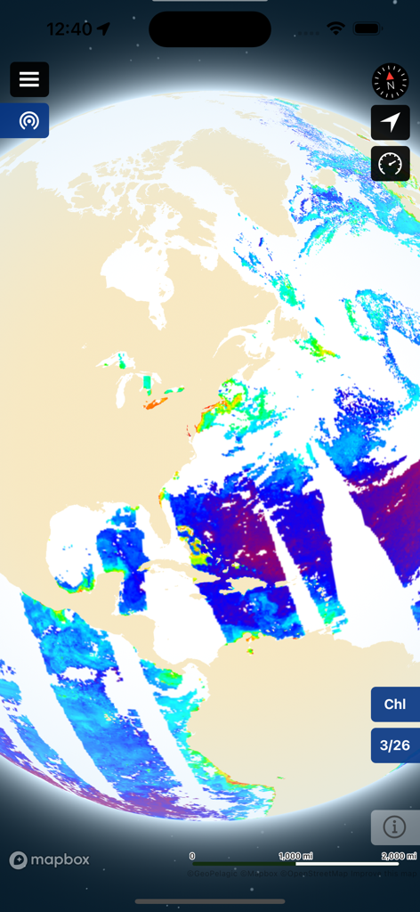 Una mappa satellitare della clorofilla sovrapposta all'app BigBlue che mostra le condizioni oceaniche per la pesca d'altura.