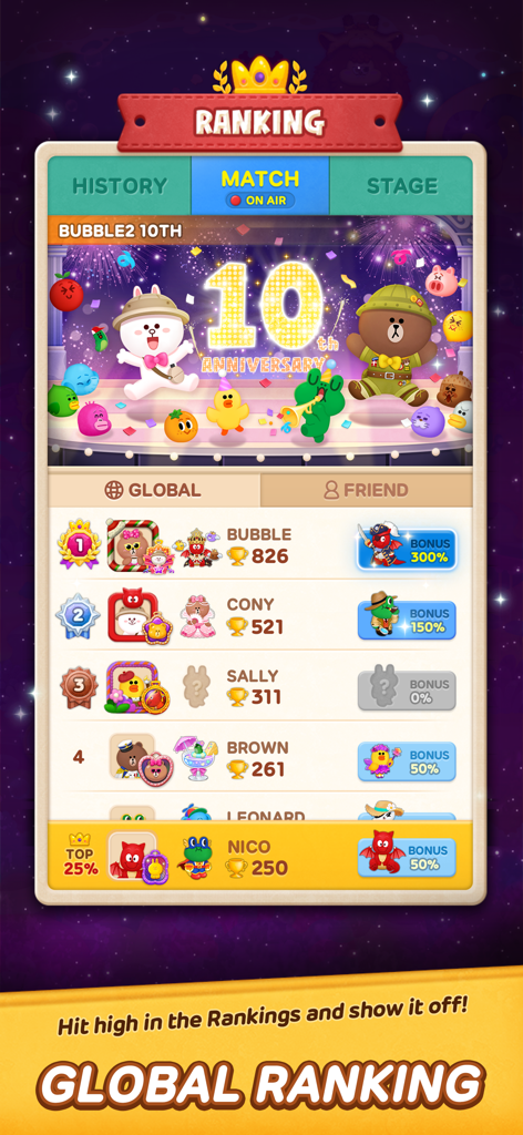 LINE Bubble 2 - Écran de classement mondial dans LINE Bubble 2 affichant les scores des joueurs et une illustration du 10e anniversaire avec Brown et Cony.