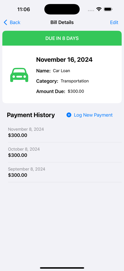 Bill Organizer + Reminders - Bill Details screen for a car loan showing amount due and payment history