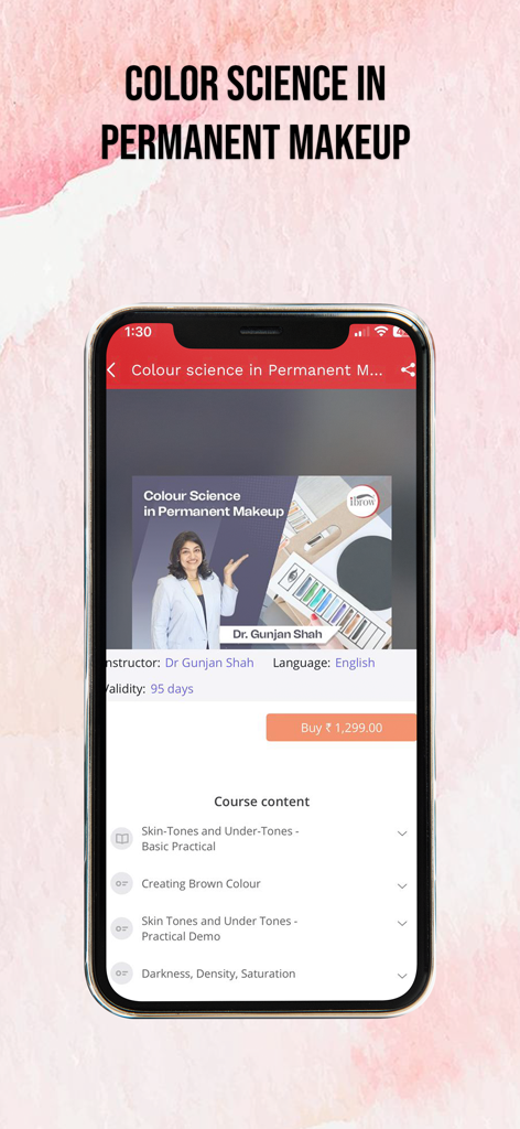 Bildschirm der ibrow Academy App, der Details und den Lehrplan des Kurses Farbwissenschaft im Permanent Make-up anzeigt