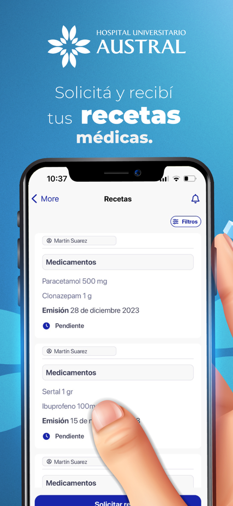Portal Hospital Austral - Pantalla de la app móvil mostrando una lista de recetas médicas digitales