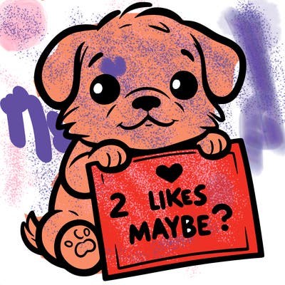 a puppy holding a sign that says 2 likes maybe?