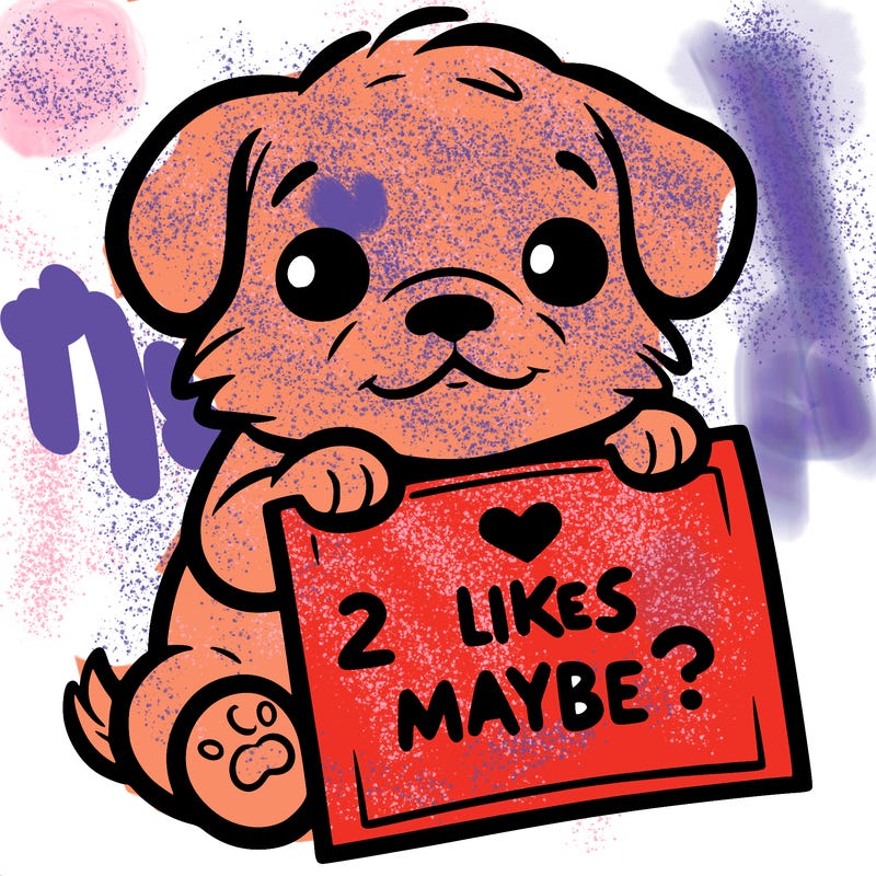 a puppy holding a sign that says 2 likes maybe?