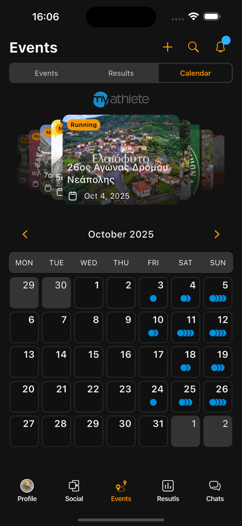 AthletesWeR mobile app screen showing a monthly sports events calendar and featured running event card