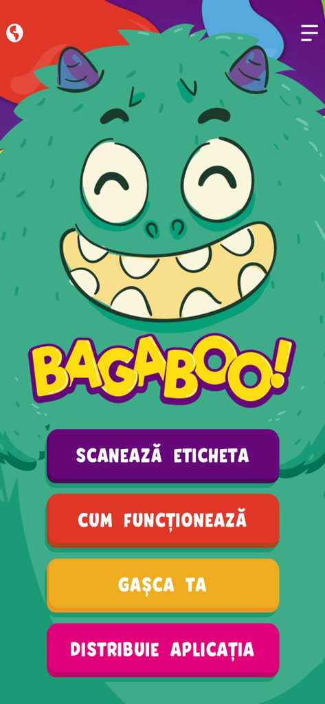 Main menu of the BAGABOO app featuring a friendly green monster character and navigation buttons