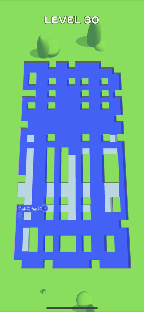 A blue ball rolling and painting a white maze in Roller Splat level 30