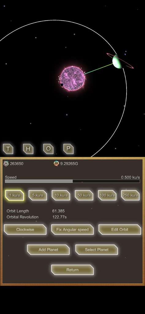 Evolution Planet - 14 Billion - User interface of Evolution Planet app showing planet orbit and speed customization settings in a solar system simulator.