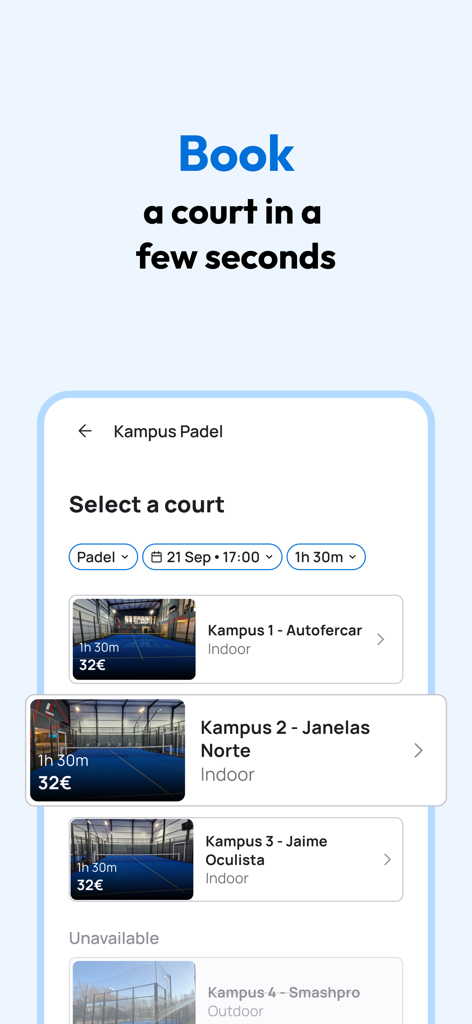 Smashpro - Book Padel - Interface of the Smashpro app showing available padel courts to book at Kampus Padel with prices and times