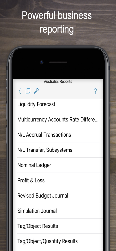 Standard ERP - Standard ERP mobile app screen showing a list of business and financial reports including liquidity forecast and profit and loss