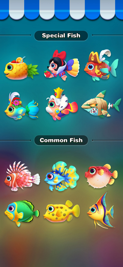 Solitaire Fish: Card Game - Uma tela de menu exibindo personagens de peixes especiais e comuns do jogo de cartas Paciência Fish
