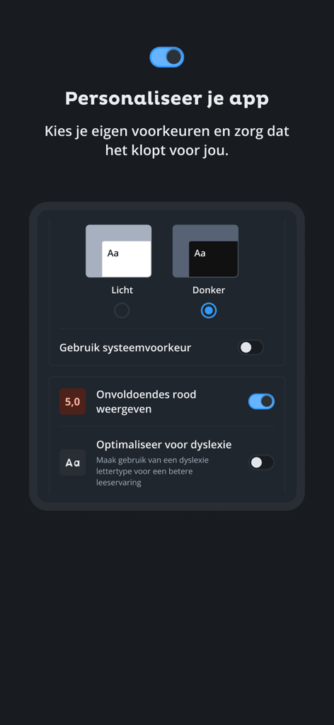 Somtoday app personalization settings screen featuring dark mode and dyslexia font options