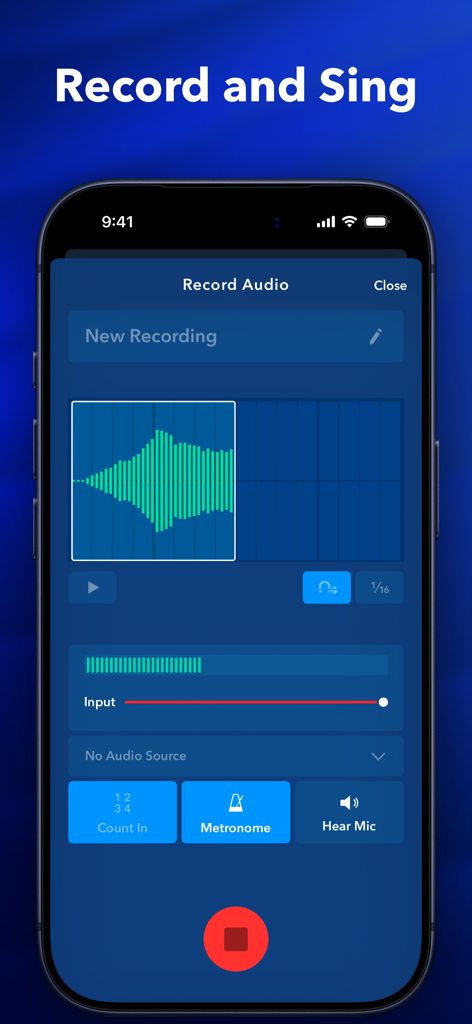 Schermata di registrazione audio dell'app Medly che mostra la forma d'onda e i controlli vocali