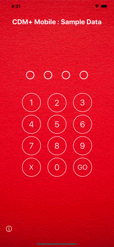 Pantalla de entrada de PIN numérico para asegurar los datos de gestión de la iglesia en la aplicación CDM Plus Mobile