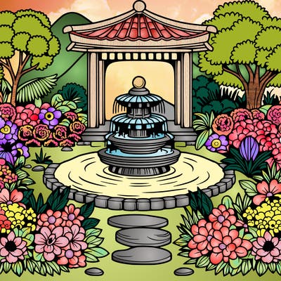 a most beautiful looking zen garden with a fountain and beautiful flowers