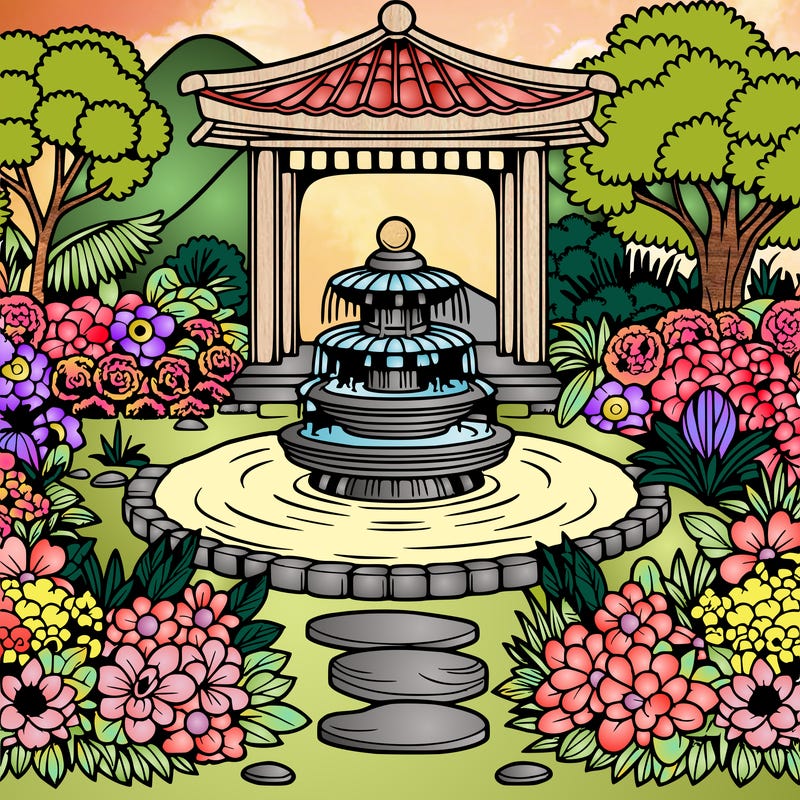 a most beautiful looking zen garden with a fountain and beautiful flowers