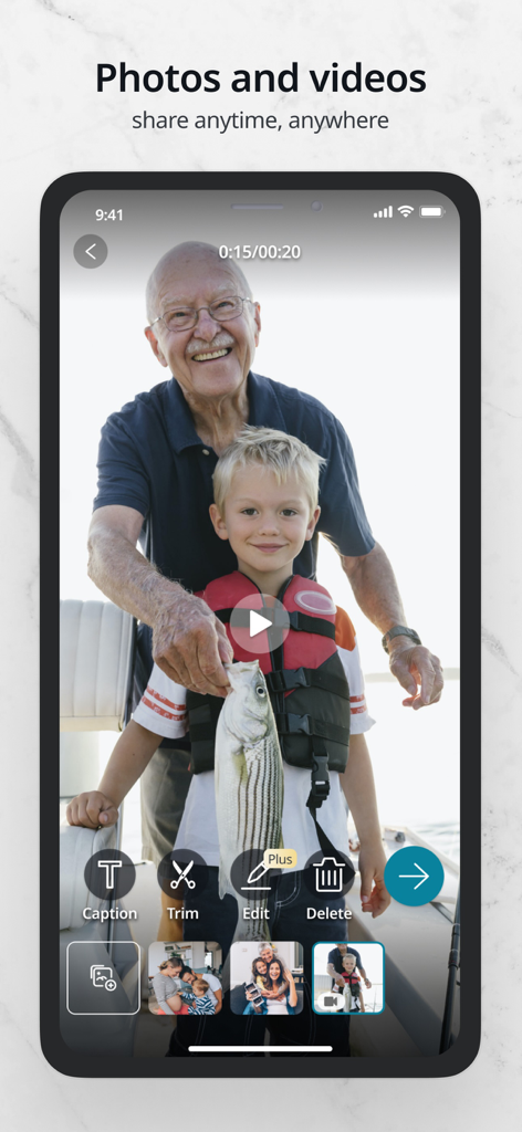 Nixplay mobile app interface showing family video sharing and editing features