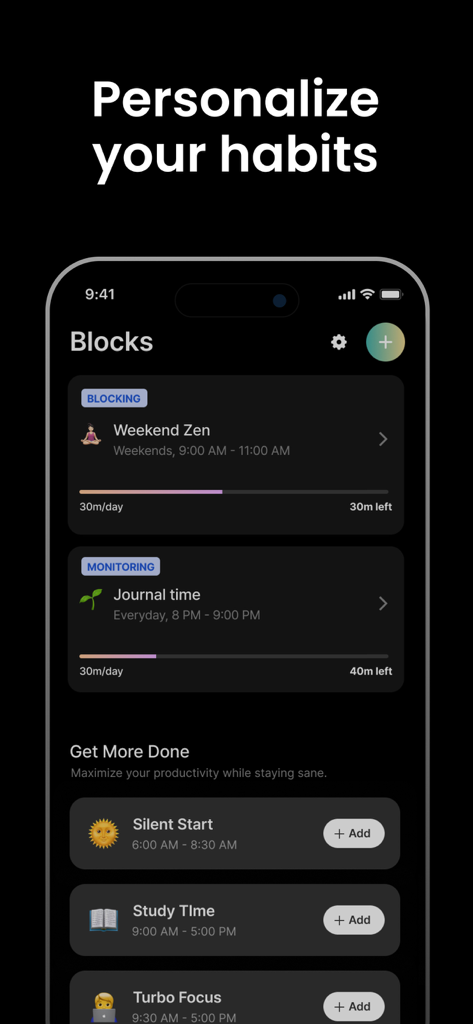 Pondアプリのインターフェース。フォーカス習慣とスクリーンタイムブロックをパーソナライズします。