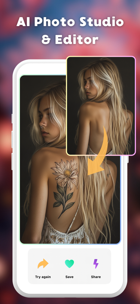 사진 속 여성의 등에 꽃 문신을 추가하여 인페인팅을 시연하는 LUNA AI 앱 인터페이스