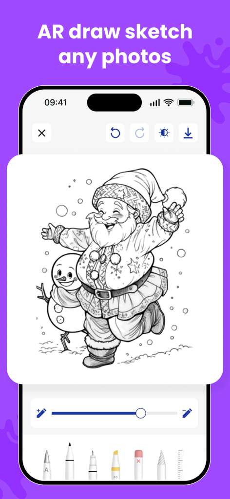 AR Drawing - Sketch Trace Draw - AR drawing app screen showing a black and white sketch of Santa Claus and a snowman ready for tracing with a variety of digital pen tools