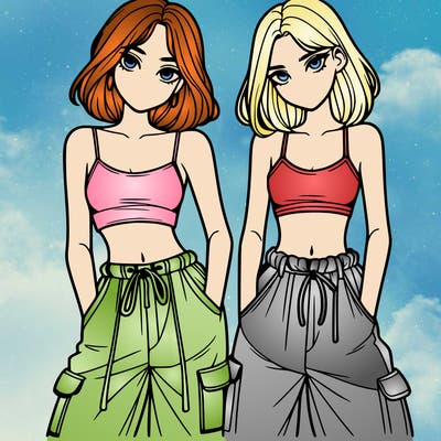 two girls with crop top with baggy pants