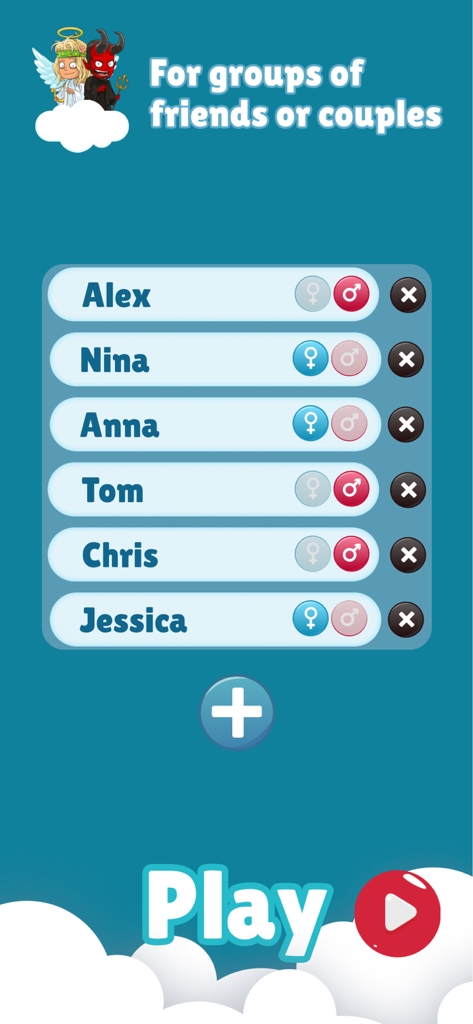 Player setup screen in the Truth or Dare Dirty app showing a list of players with gender selection icons