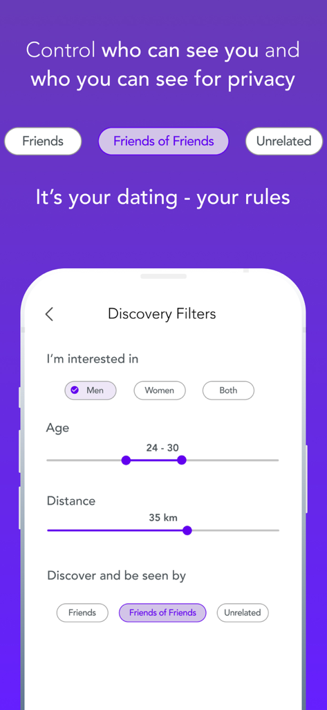 Pantalla de filtros de descubrimiento en la app Krown mostrando opciones de edad, distancia y configuración de privacidad para controlar quién puede verte