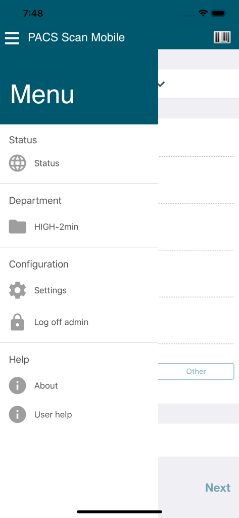 PACS Scan Mobile app menu screen showing settings and status options