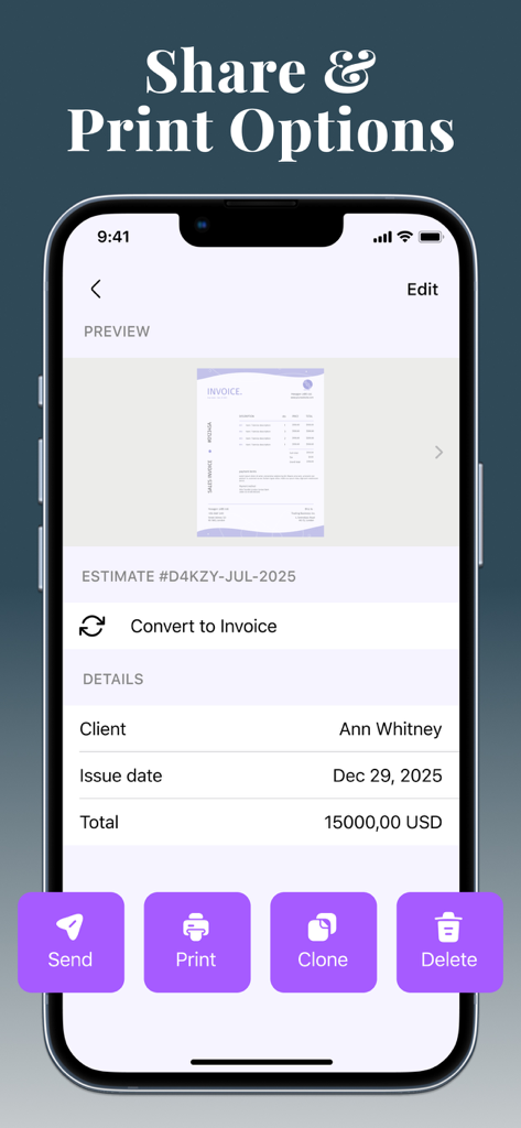 Invoice Maker - PDF & Billing - Interfaz de la app Creador de Facturas mostrando opciones para compartir e imprimir facturas profesionales