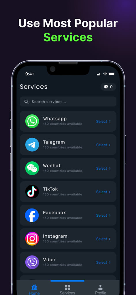 Pantalla de la app SmsCode listando servicios populares para verificación de números de teléfono virtuales, incluyendo WhatsApp y Telegram
