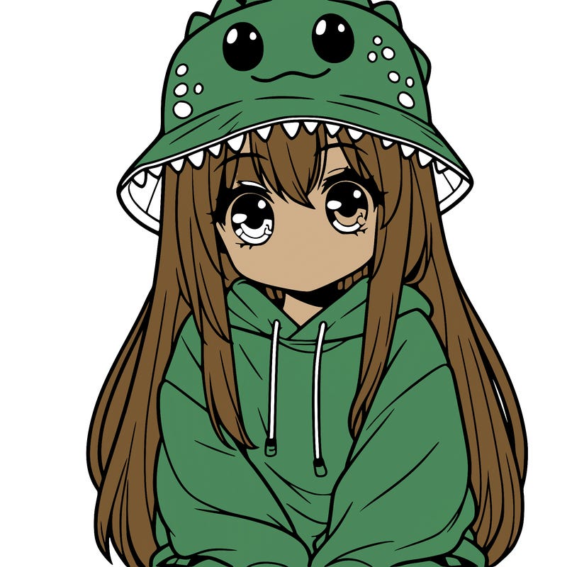 girl with anime shaped eyes with a dinosaur bucket hat oversized sweatshirt long straight hair