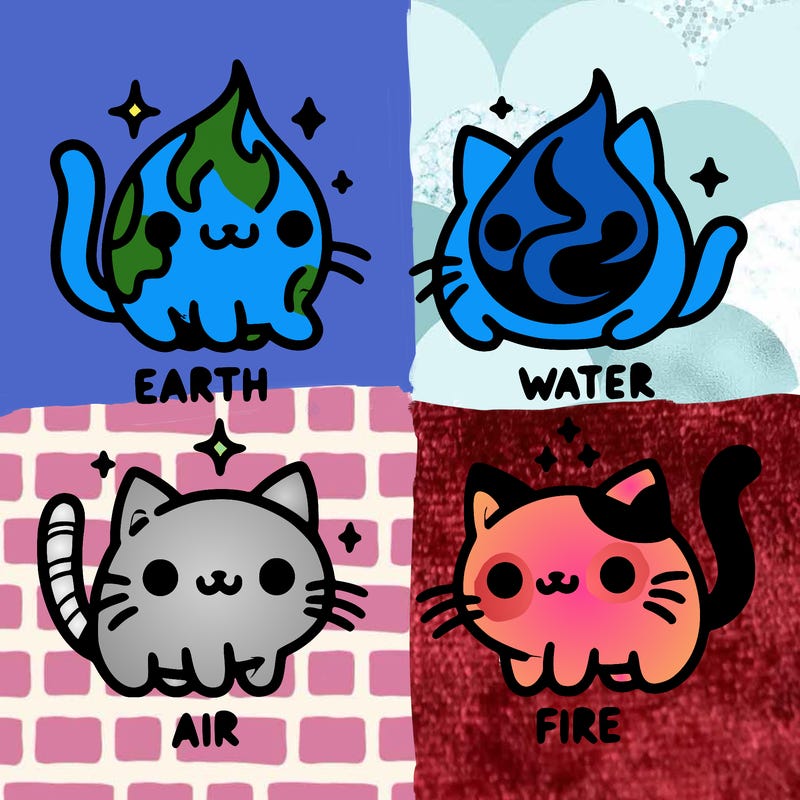 4 cats that represent the different elements, earth, water, air, and fire