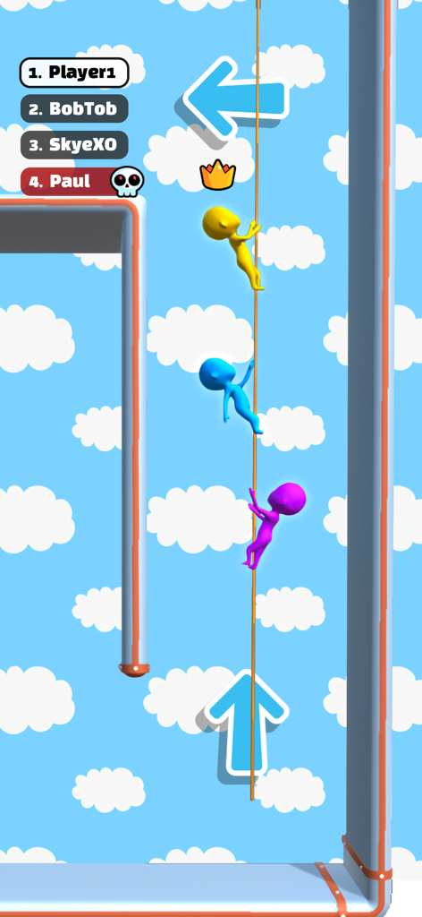 Three characters climbing a rope in a parkour race